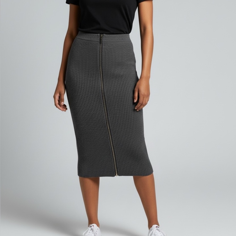 Ann Taylor Gray Ribbed Wool Blend Zip Front Midi Pencil Skirt M